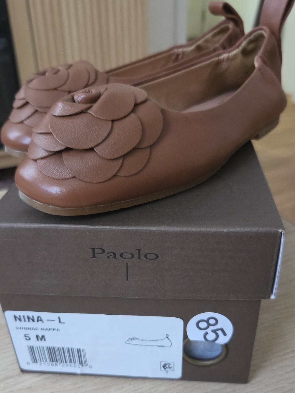 Paolo Cognac Floral Appliqué Leather Ballet Flats